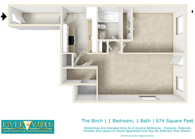 Floor plan for 1 bed, 1 bath, 674 sqft
